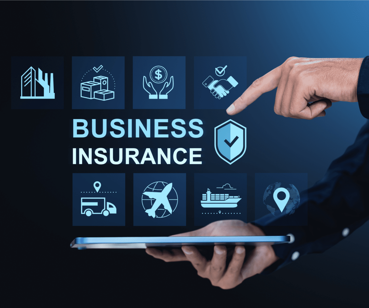 Business insurance concept with digital icons and a hand pointing.