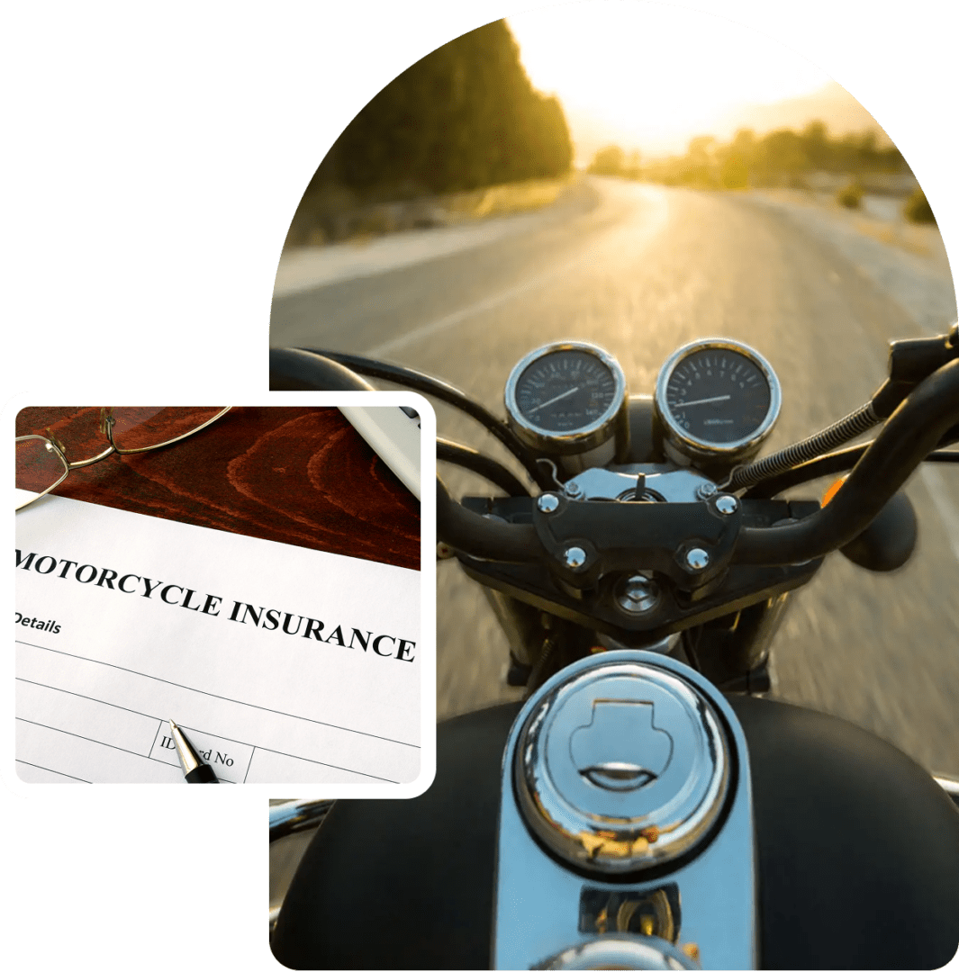 Motorcycle on road with insurance form and keys.