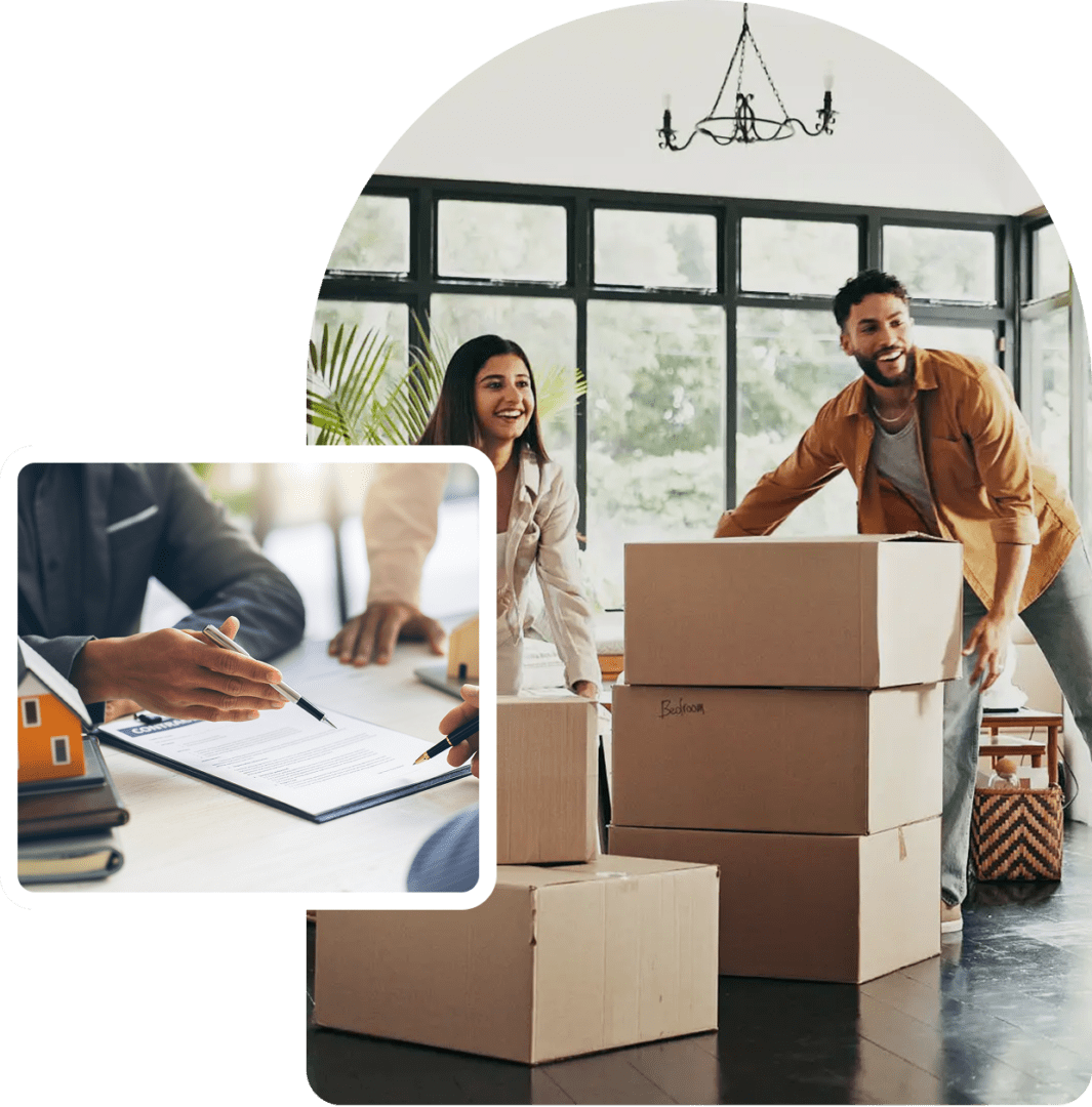 Team organizing and packing boxes in a bright, modern office space.