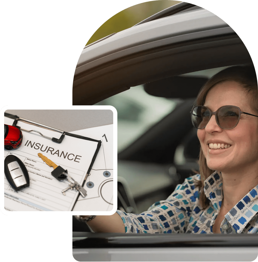 Woman holding car keys with insurance documents and calculator.