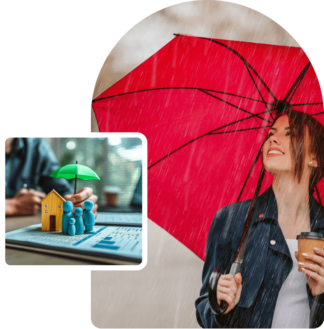 Woman with red umbrella holding coffee, smiling joyfully.
