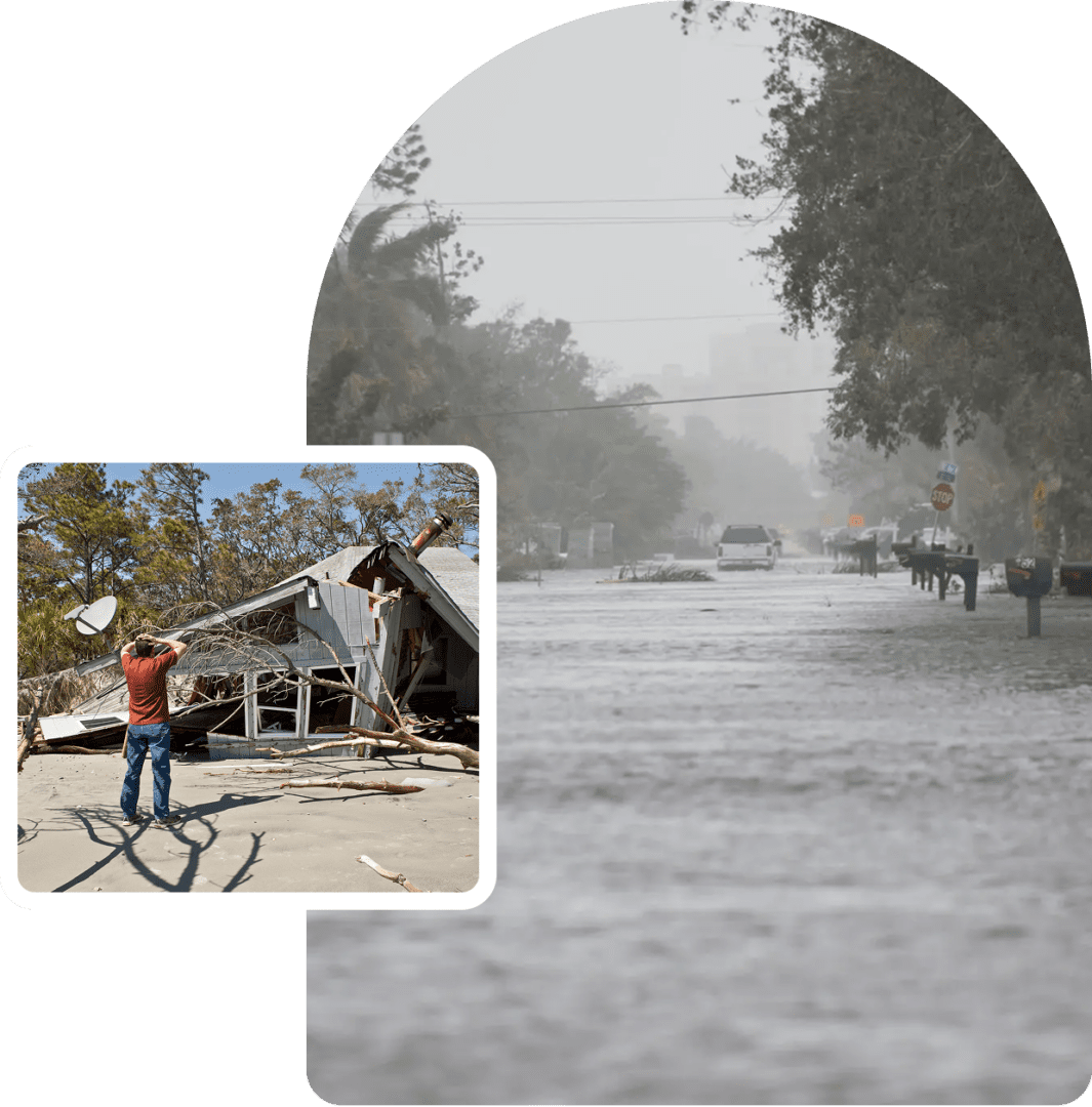 Flooded street with cars and pedestrians during heavy rain.
