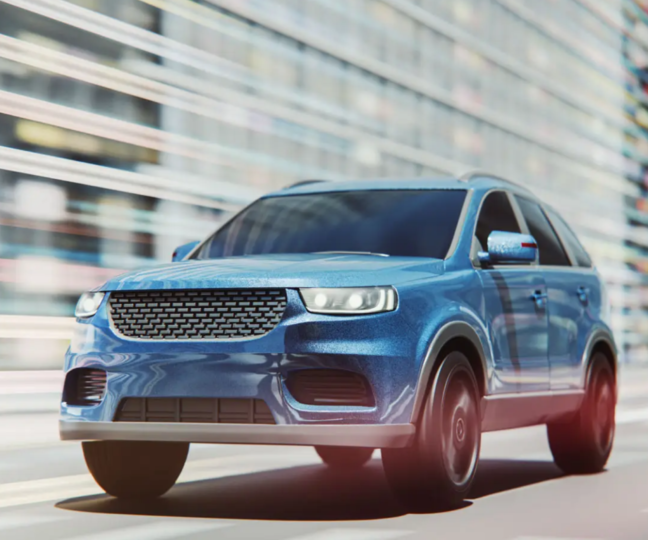 Blue luxury SUV driving on a city street with modern buildings in the background.